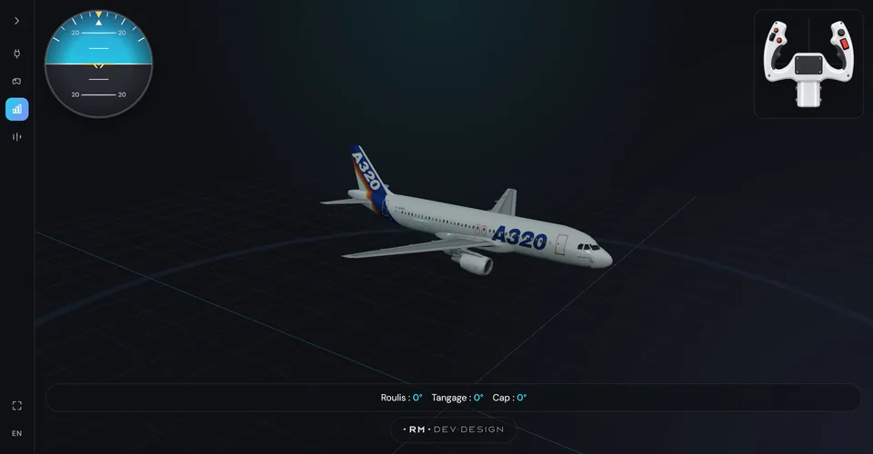 Une interface 3D d'avion avec horizon artificiel et indicateurs de vol, pilotée par les données d'un capteur externe pour des travaux dirigés.