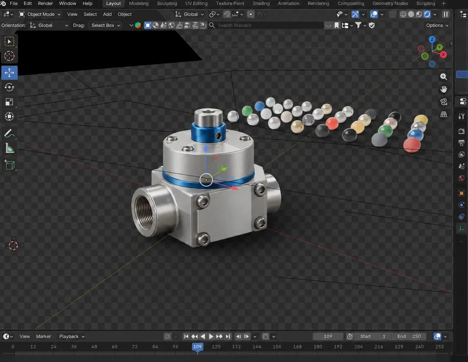 Une vanne industrielle modélisée sous Blender entourée d'une bibliothèque de matériaux, pour un pipeline de rendu 3D propre et répétable.